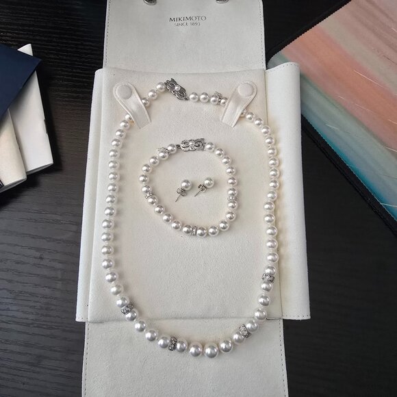 Mikimoto Pearl and Diamond Set Bracelet, Necklace, Earrings - Picture 1 of 9